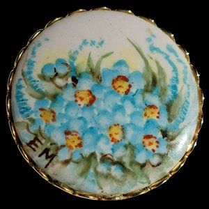 Vtg Hand Painted by EM Porcelain Brooch Pin Blue Daisy Flowers Gold Tone